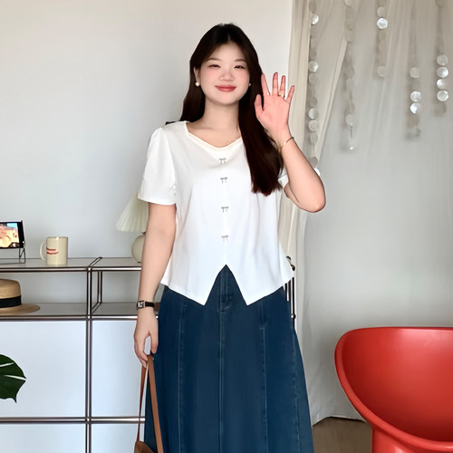 大码女装蕾丝边收腰短袖T恤上衣