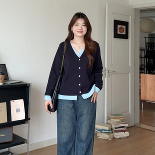 胖mm秋季 女装 2025韩系百搭假两件宽松针织上衣2057 喵喵大码 微胖