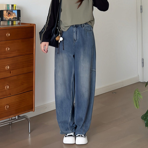 大码梨形显瘦弯刀牛仔阔腿裤子女