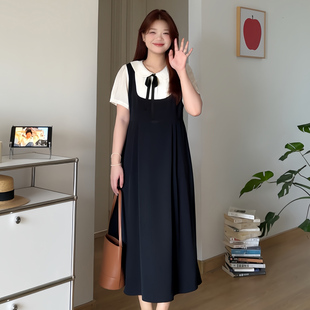 气质显瘦假两件娃娃领撞色连衣裙2391 微胖 喵喵大码 女装 胖mm夏季