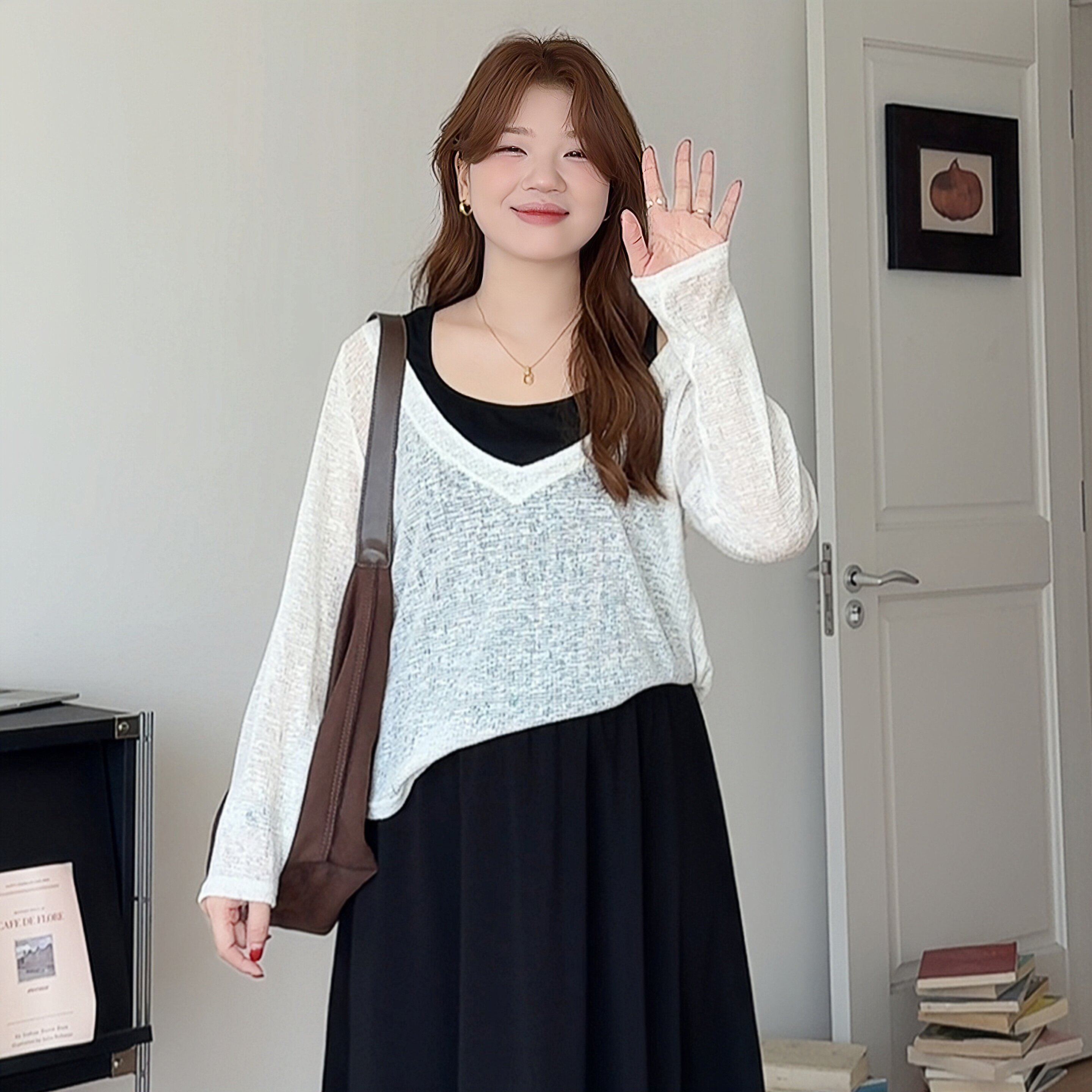 微胖的喵喵大码胖mm早春新款巨显瘦背心肌理感长袖罩衫两件套3358