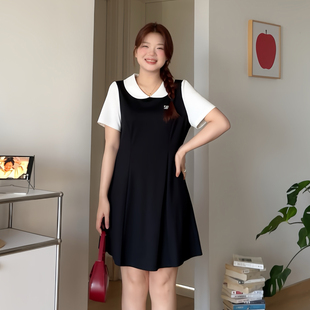 新款 微胖 胖mm夏季 喵喵大码 显瘦减龄娃娃领连衣裙小个子2498 女装