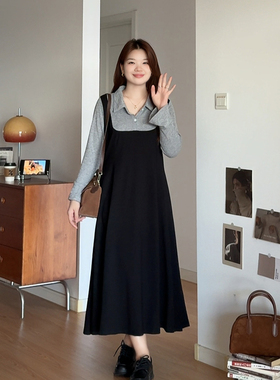 微胖的喵喵 大码女装胖mm秋季巨好看的显瘦假两件a字连衣裙 6651