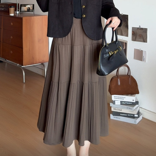 大码女装胖mm气质拼接百褶中长裙