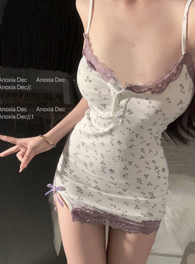 DEC紫色韵味 蕾丝纯欲紫色碎花莫代尔舒适吊带紧身连衣睡裙女性感