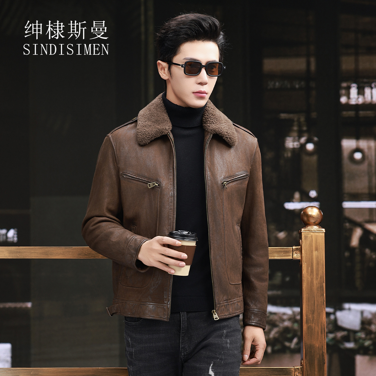 冬季新款真皮皮衣男山羊皮短款加厚皮夹克羊毛翻领复古做旧外套