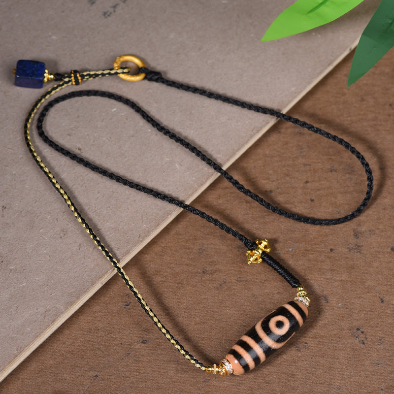 西藏二眼天珠玛瑙编织绳手工编织锁骨链虎牙项链藏式民族风文玩