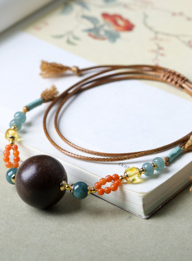 原创设计白奇楠沉香木手编项链文玩新中式天然南红玛瑙翡翠毛衣链