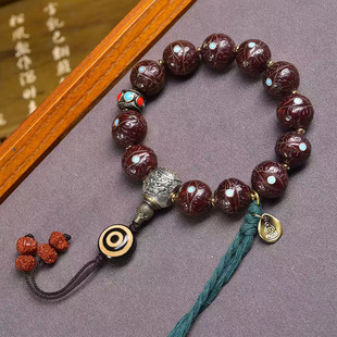 天然玉化老料凤眼菩提镶嵌手串单圈藏式文玩佛珠流苏玛瑙天珠配饰