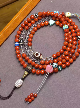 天然西周玛瑙斜挂长链佛珠虎牙两眼天珠玛瑙三通松石白水晶配饰