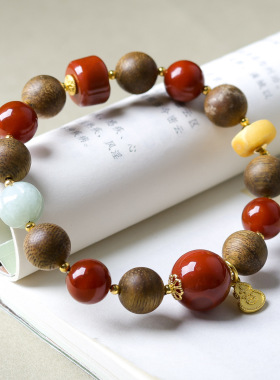 原创新中式黄奇楠沉香木南红玛瑙手链文玩翡翠南瓜珠手串一件代发