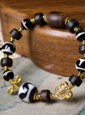 白化虎牙天珠搭配富森红土绿奇楠手链 原创文玩中式手串 一件代发