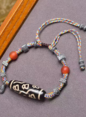 天然玛瑙财神天珠配珠手链藏银配饰复古文玩可调节手工编织手绳