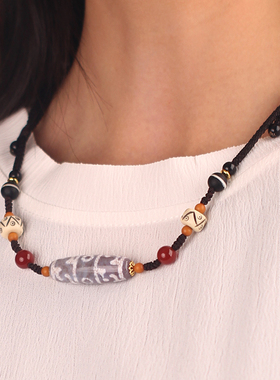 梵间星辰 西藏天然玛瑙 紫象雄朱砂莲师法器天珠项链朱砂药师手串