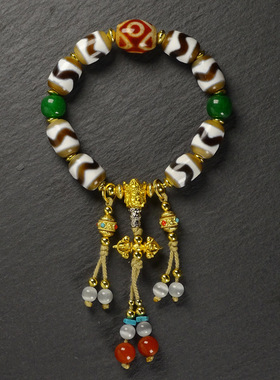 西藏天然真品玛瑙红肉金刚三眼虎牙天珠藏式手串14*16mm