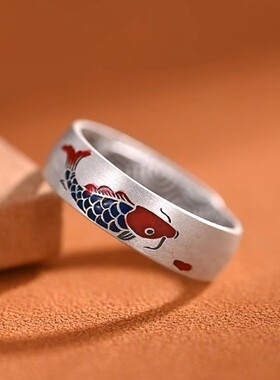 新款招财锦鲤鱼925纯银戒指女士复古民族风珐琅彩开口食指戒ins风