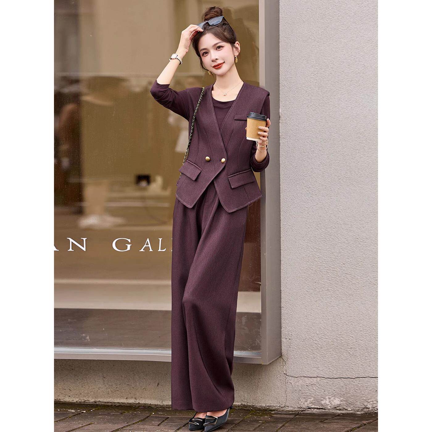 MONLOUVE轻奢风西装马甲套装女2025秋季新款高级感时尚洋气阔腿裤