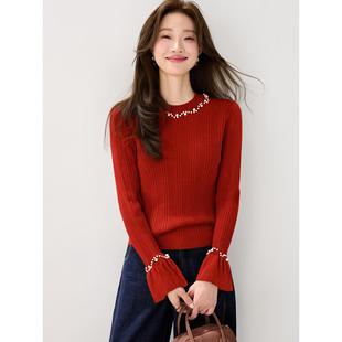 MONLOUVE红色钉珠喇叭袖毛衣女秋冬修身显瘦短款针织衫小个子打底