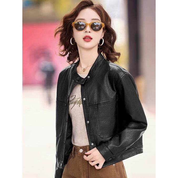 MONLOUVE立领PU皮衣外套女2025秋季新款小个子高级感酷飒风皮夹克