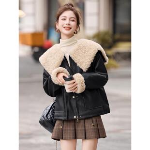 MONLOUVE加绒加厚皮衣外套女秋冬季真皮高级感小个子皮夹克今年爆