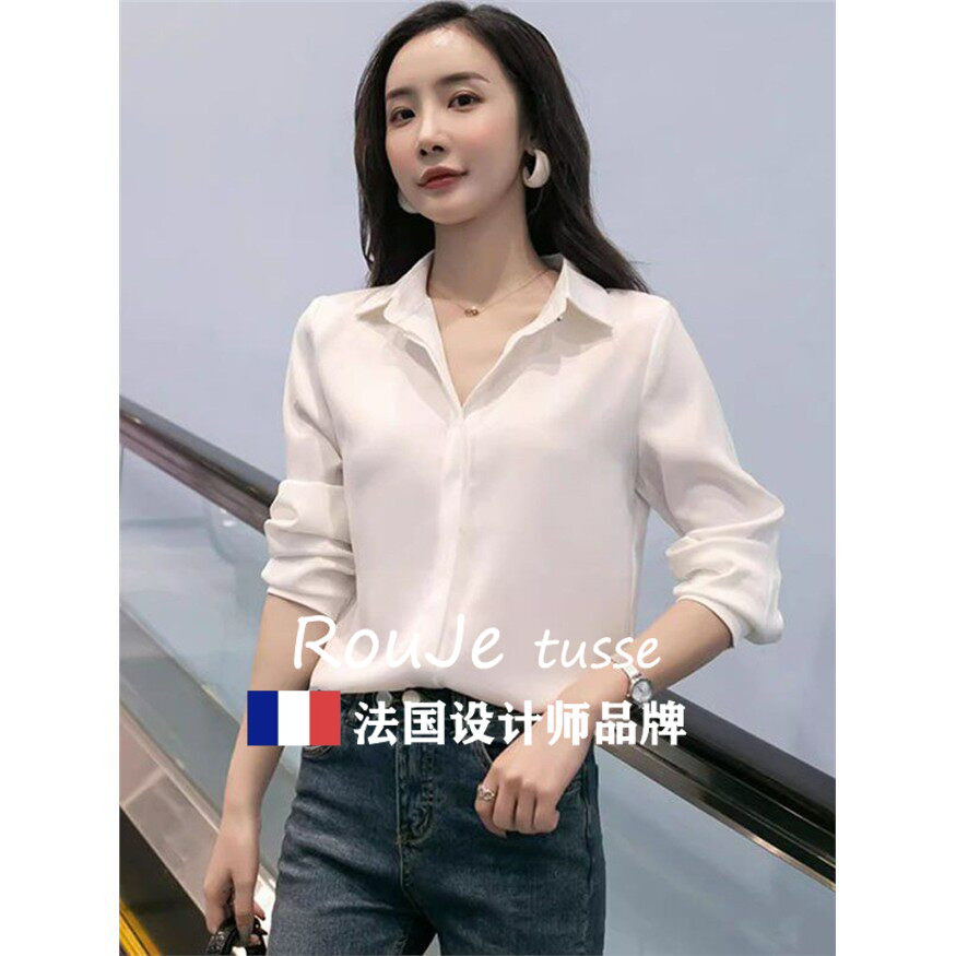 Rouje tusse长袖白衬衫上衣女韩版气质百搭职装工作服POLO领衬衣