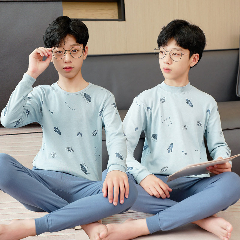 男童秋衣秋裤纯棉青少年保暖内衣套装中大童打底棉毛衫女童睡衣冬