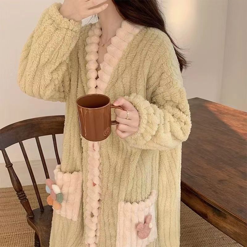 秋冬季彩虹睡袍开衫睡衣套装家居服女珊瑚绒加厚保暖月子服两件套