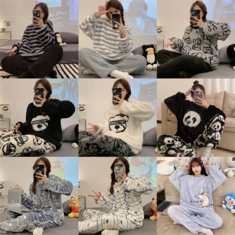 秋冬季睡衣女士珊瑚绒保暖长袖法兰绒可爱家居服套装