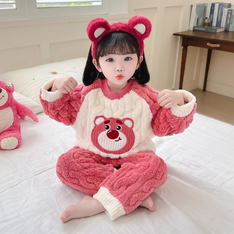 儿童秋冬珊瑚绒睡衣可爱女童卡通保暖分体宝宝法兰绒冬家居服套装