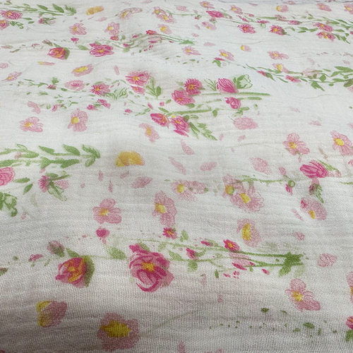 纯棉双层印花纱布绉布藤花褶皱泡泡纱婴儿宝宝包被家居服装面料