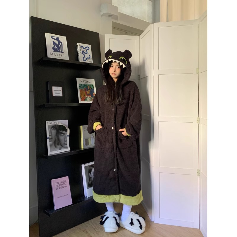 无牙仔睡衣女秋冬季加绒加厚珊瑚绒睡袍卡通可爱法兰绒家居服套装