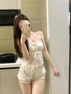 家居服 吊带短裤 热恋网纱透视小胸睡衣套装 系带性感吊带2026春新款