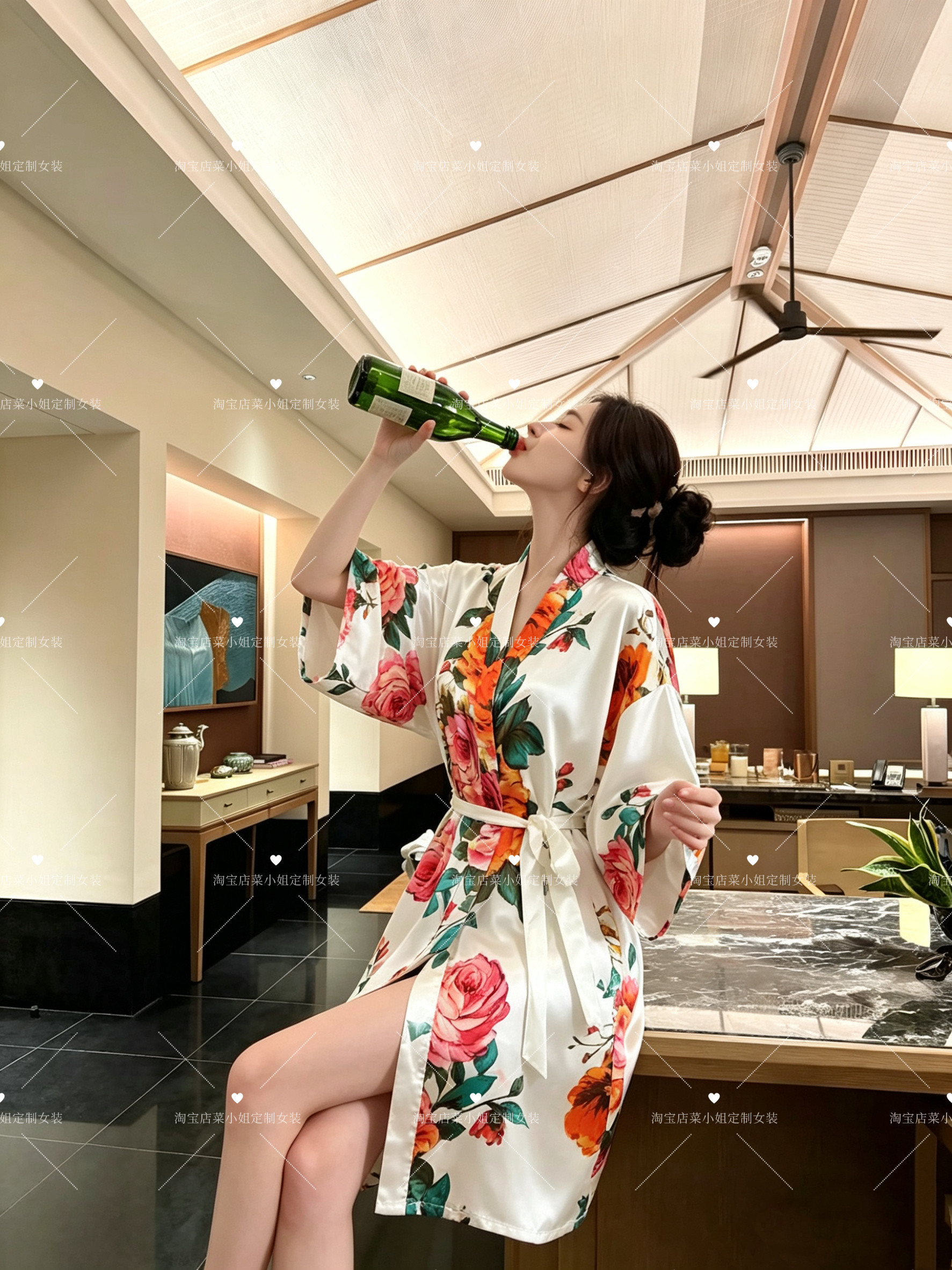 轻奢中式国风印花睡袍女款高级感气质系带睡袍家居服中古风系列
