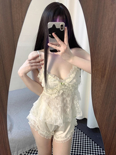 睡衣度假休闲可外穿家居服套装 公主风立体玫瑰纯欲吊带套装 带胸垫