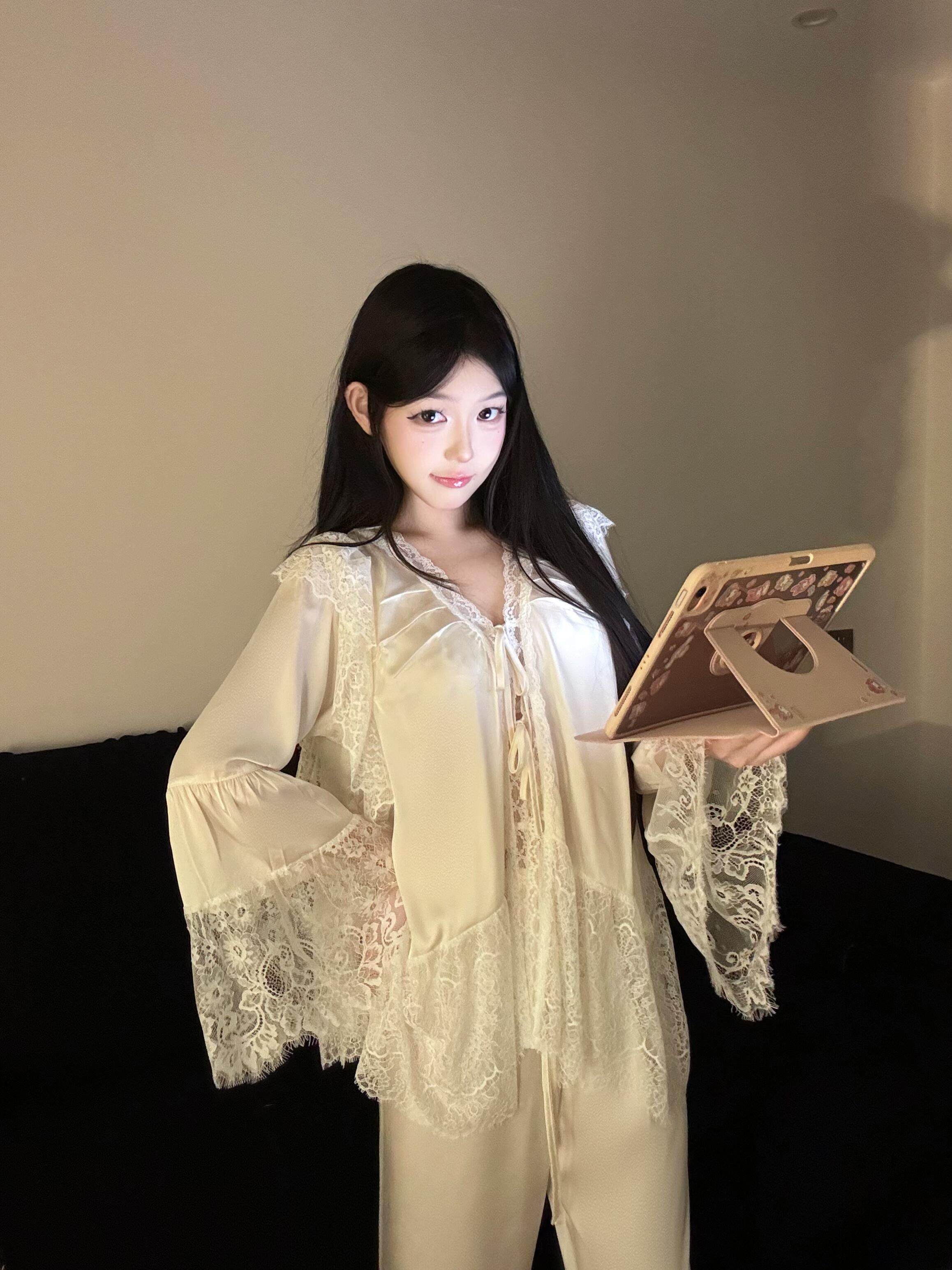 秋冬家居轻奢公主喇叭袖软蕾丝纯欲独特设计睡衣高级感家居服套装