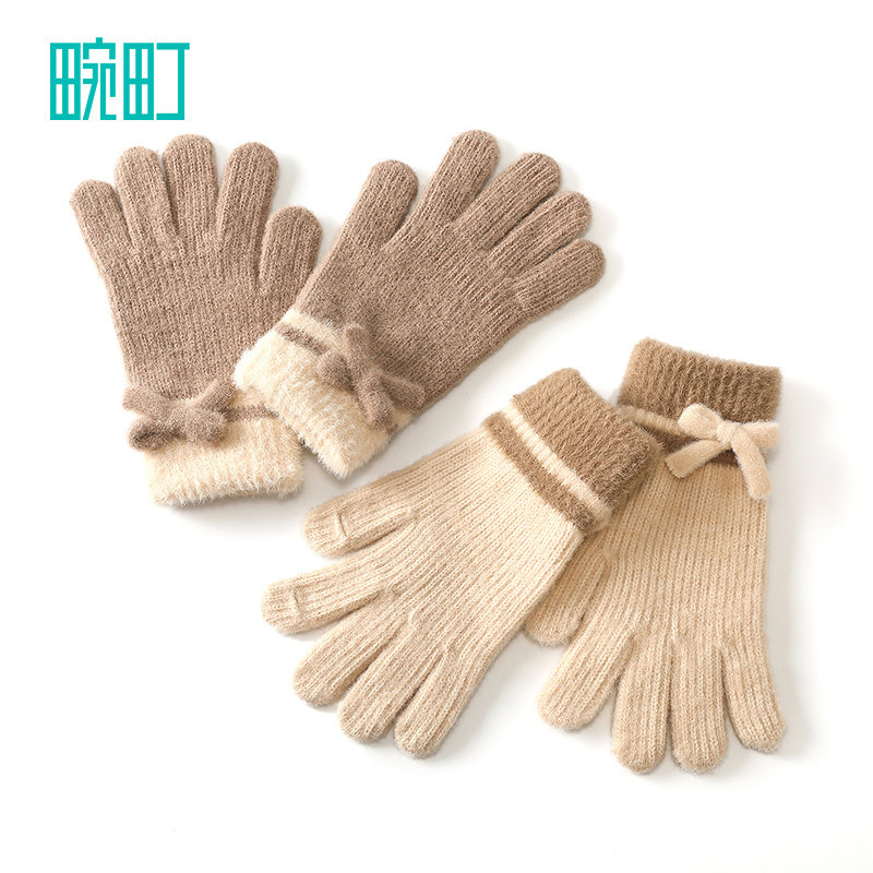 畹町针织手套女秋冬季保暖可爱蝴蝶结指尖开口可触屏五指毛线手套