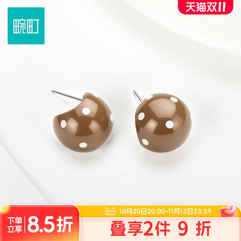 畹町复古白色波点半圈耳钉女美拉德耳饰滴釉韩风百搭C型耳环配饰