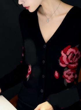 MONLOUVE法式高级感绝美黑色印花长袖针织开衫女秋季新款简约洋气