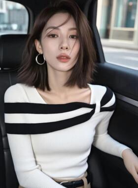 MONLOUVE法式优雅chic白色条纹长袖针织衫女秋季新款休闲洋气简约