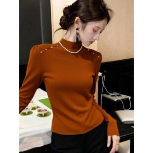 MONLOUVE覆古优雅风桔红色半高领长袖针织打底衫女秋季款洋气百搭