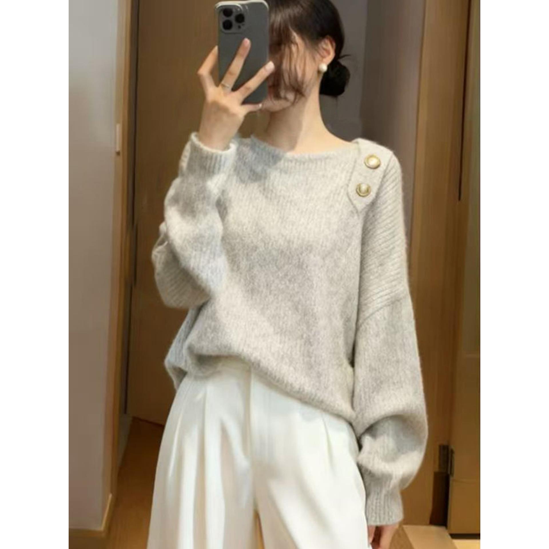 MONLOUVE别致优雅绝美浅灰色圆领长袖毛衣针织衫女秋冬款百搭减龄