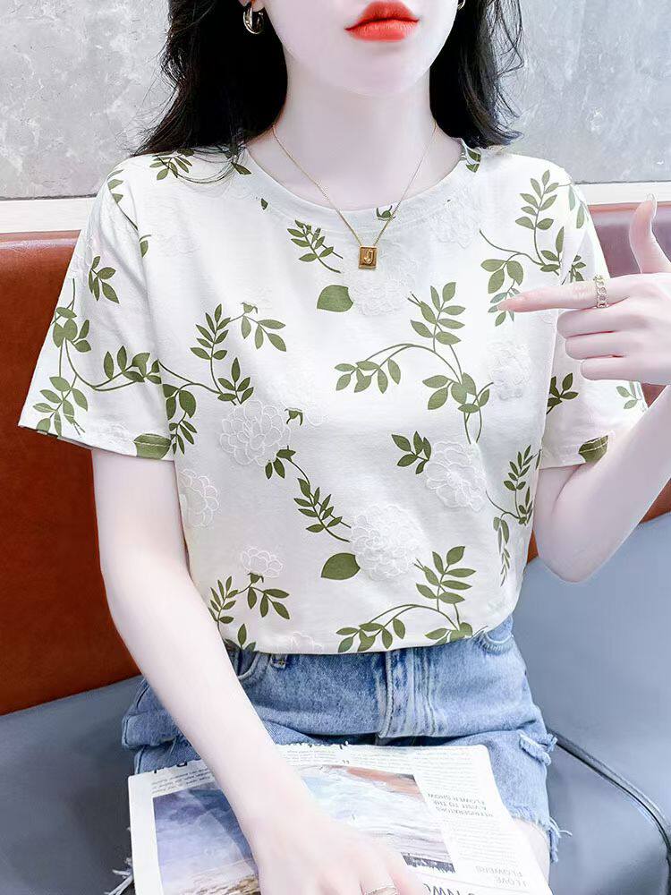 欢韩版宽松短袖t恤女宽松棉女装2026春季洋气别致小衫漂亮上衣
