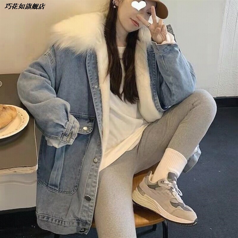 棉服牛仔大毛领冬季年2026加厚秋棉衣加绒新款宽松女外套百搭韩版
