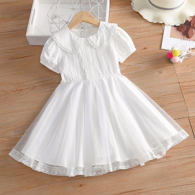 女童白色连衣裙2026新款儿童公主裙夏装网纱中大童纯色短袖裙子夏