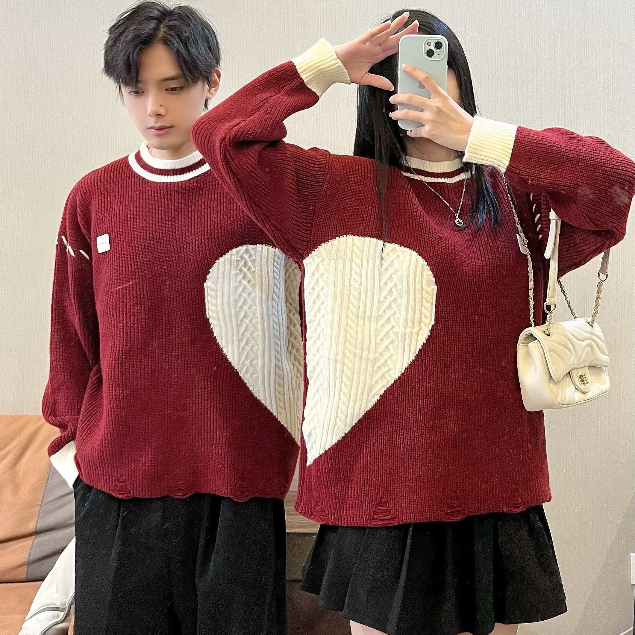 实拍秋冬装加厚毛衣爱心红色针织衫圣诞过年结婚登记证