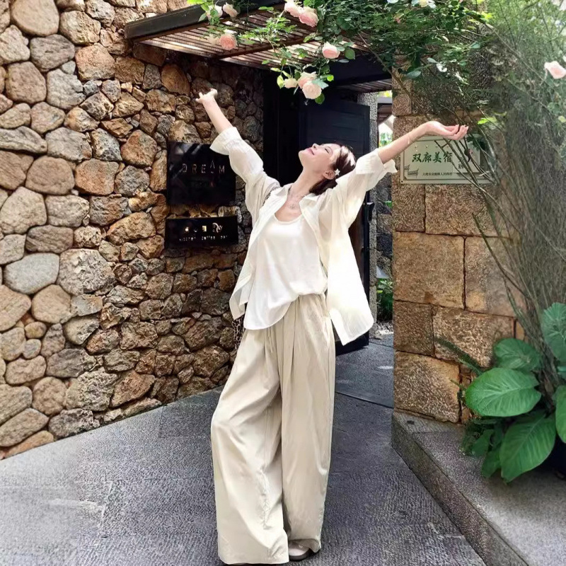 大码休闲套装2025新款女装夏季胖MM显瘦防晒衬衫背心阔腿山本裤子