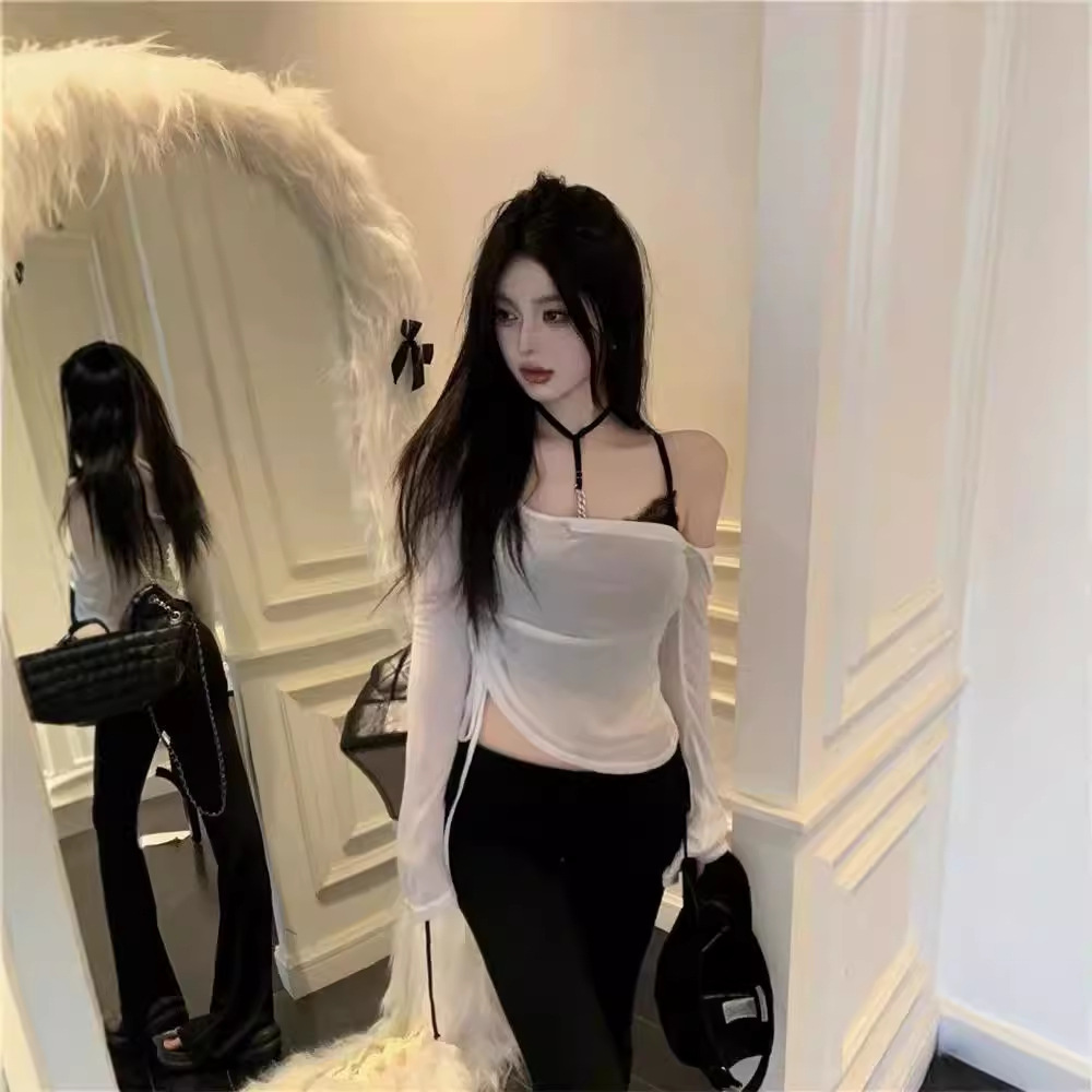 白色薄款透视性感露肩长袖T恤女装夏季修身抽绳辣妹防晒罩衫上衣