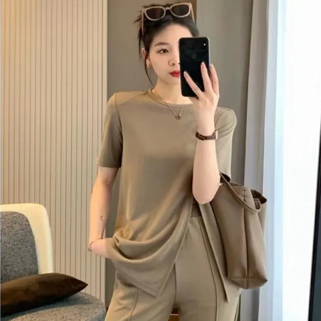 冰丝阔腿裤套装女夏季韩版时尚大码宽松设计感开叉短袖上衣裤子潮