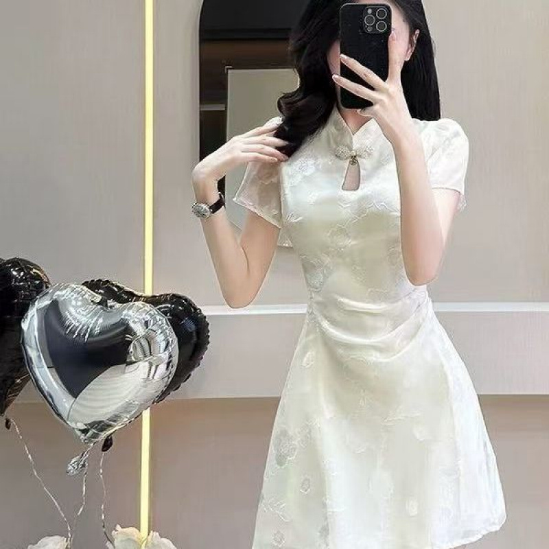 新中式提花短袖改良旗袍连衣裙女夏高级感气质收腰a字短裙小个子