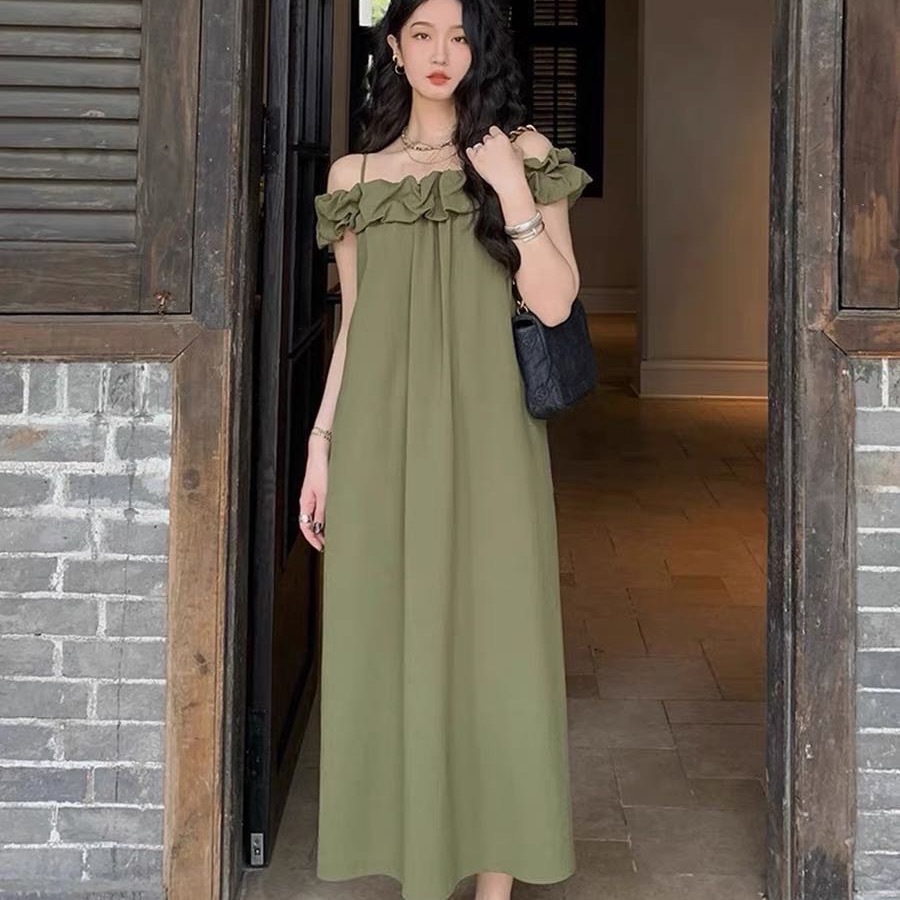大码微胖MM纯欲风一字肩吊带连衣裙女装2025夏季裙子露肩显瘦长裙
